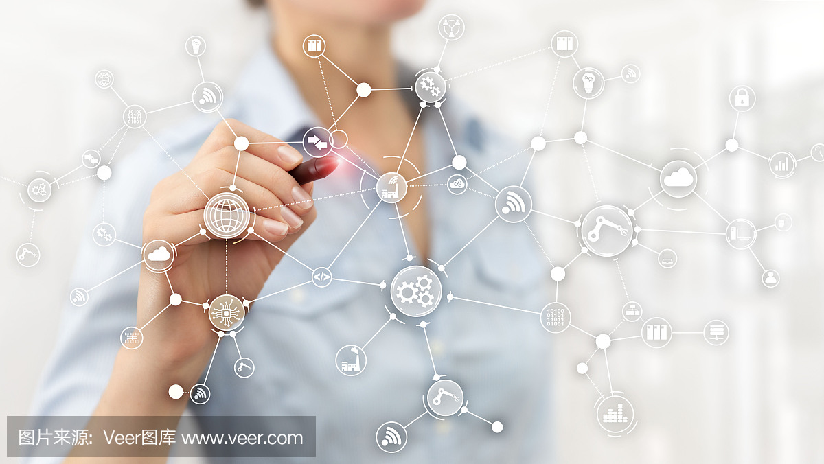 虛擬屏幕上的技術工業業務流程工作流組織結構。物聯網智能行業概念混合媒體圖。